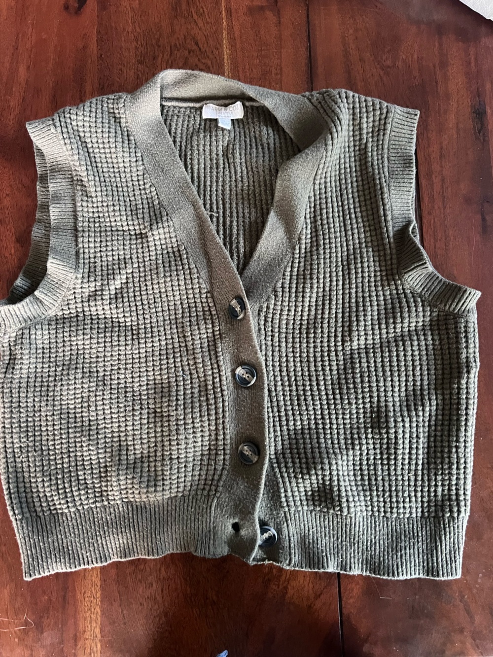 Women's Olive Green Knit Button-Front Sweater Vest | Cotton Blend | Large